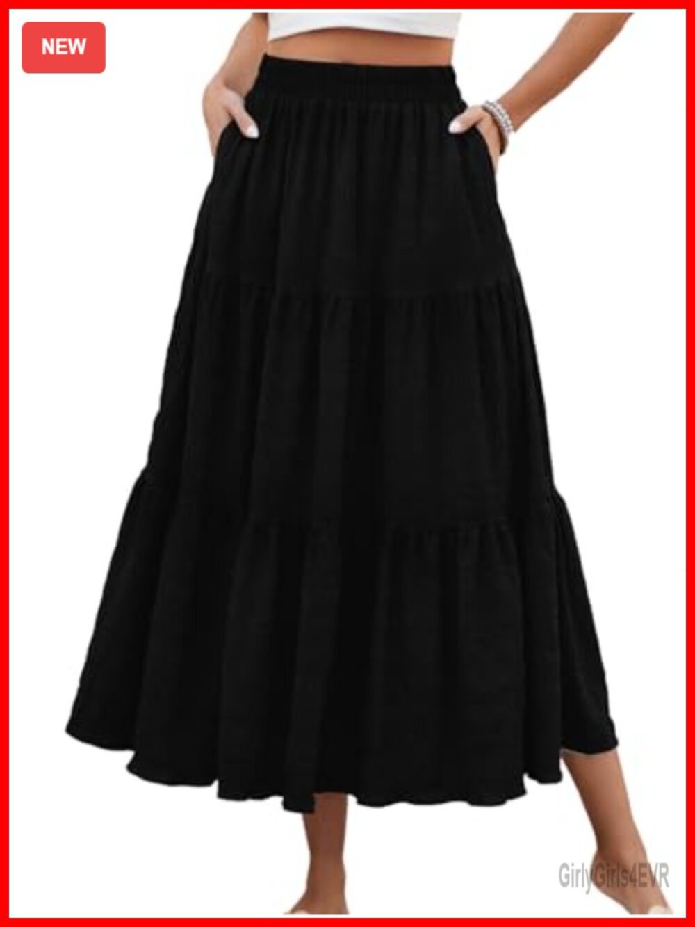 Women's Smocked Tiered Maxi Skirt High Waisted A-Line Flowy with Pockets
